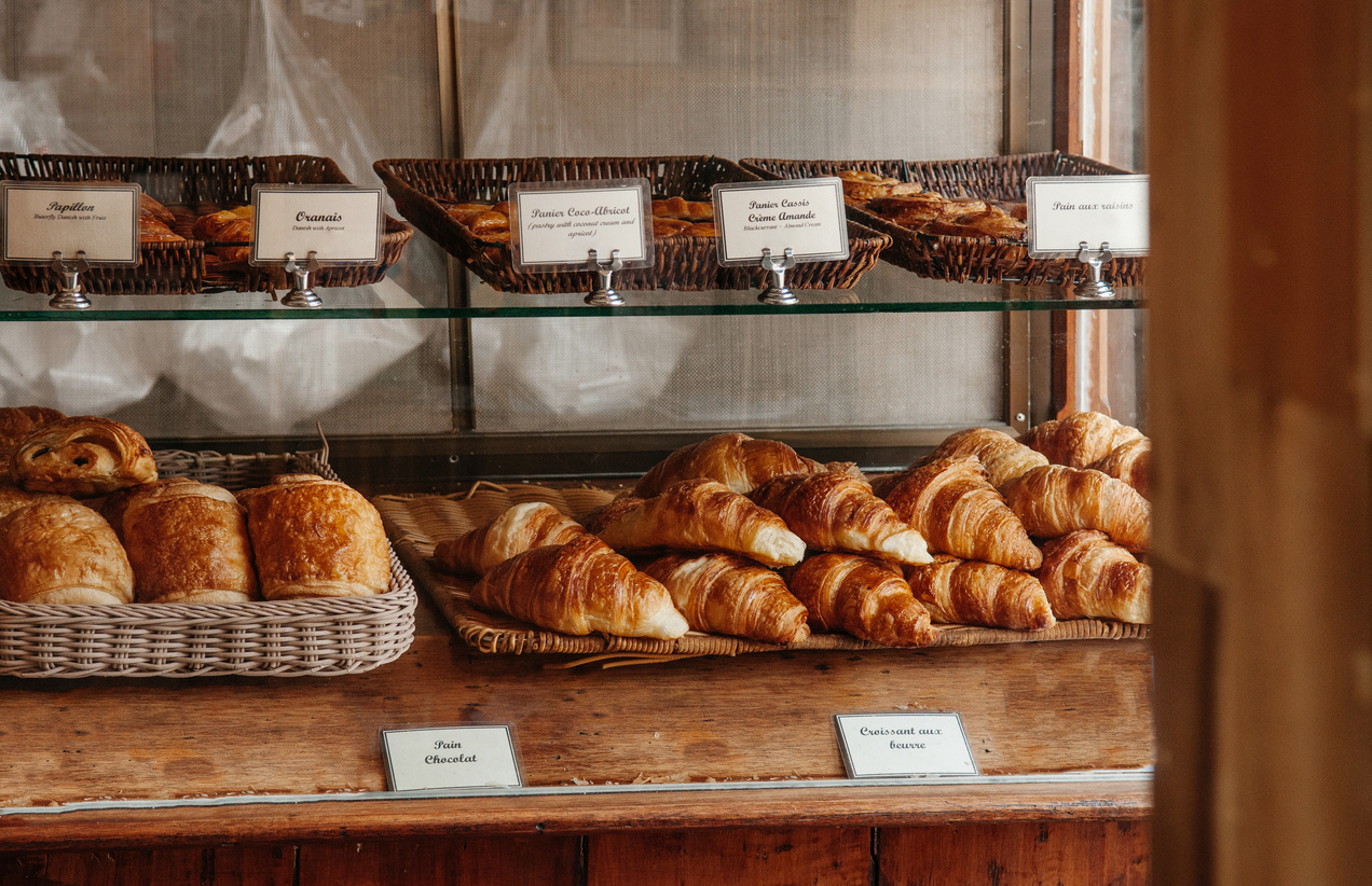 Assorted french pastry bakery desserts in bakery shop